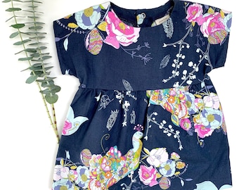 Peacock Print Dress, Short Sleeve Baby Dress, Gathered Waist Girls Dress, Bird Print Baby Dress, Floral Cotton Baby Dress, Navy Girl Dress