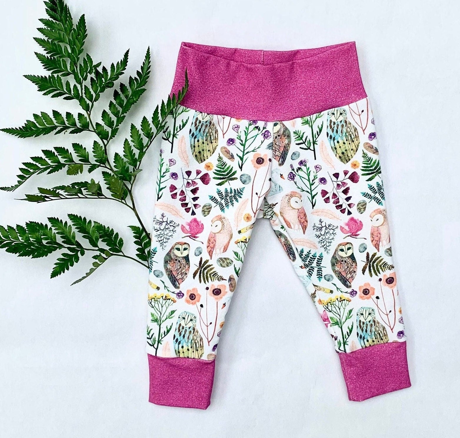 Owl Print Baby Leggings, Fuchsia Trim, Cotton Blend