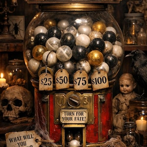 Könnte beinhalten: Ein Vintage-Kaugummiautomat mit der Aufschrift "Mystery Oddities", gefüllt mit verschiedenfarbigen Kugeln. Preisschilder zeigen 25 $, 50 $, 75 $ und 100 $. Die Maschine hat ein Schild "Drehen Sie für Ihr Schicksal!". Das Schild "Was werden Sie freischalten?" ist ebenfalls sichtbar.