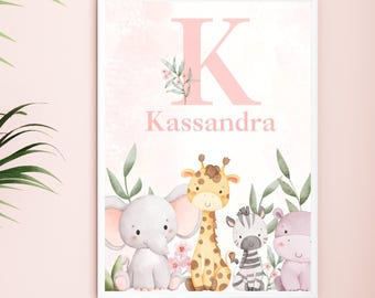Nazwa Safari Animals PRINTABLE|Dziewczęca sztuka ścienna do pokoju dziecięcego|POBIERANIE CYFROWE|Drukowana sztuka ścienna Safari do pokoju dziewczynki|żyrafa słoń zebra hipopotam