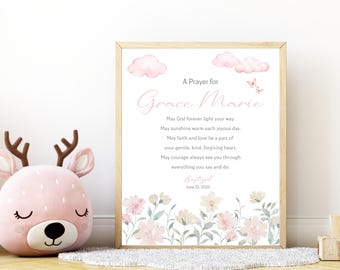 Gepersonaliseerde doopcadeau meisje|Doopcadeau|AFDRUKBAAR doopgebedsteken|Bloemen doopgebedkunst|Inwijdingscadeau baby|Kunst aan de muur