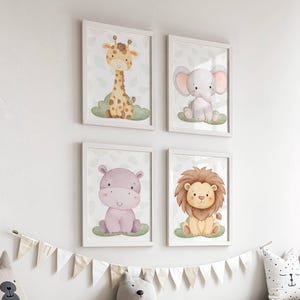 Cute Safari Animals PRINTABLE|Safari animal nursery wall art set of 4|Safari Animals Wall Art|Jungle animal nursery decor|Safari Theme decor