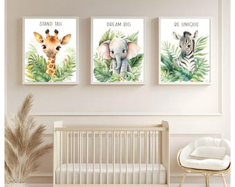 Safari Nursery Animals PRINTABLE|Safari nursery wall art set of 3|DIGITAL DOWNLOAD|Safari wall art for child's room|giraffe elephant zebra