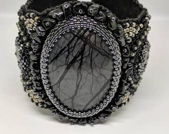 Picasso Jasper , Bead Embroidered Cuff