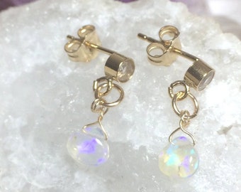 Opal droplets on Gold or Rose Gold Filled studs with Rose Quartz