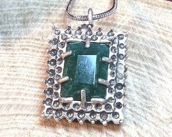Pendentif Ancien En Argent Massif Avec émeraude Synthétique Et Zirconiums | Bijou Vintage, Forme Losange