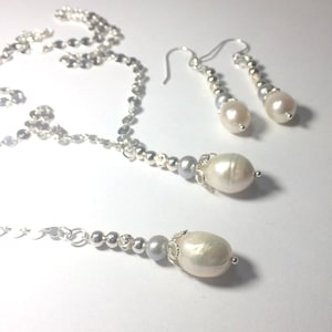 Bridal real pearls SET, Sterling Silver jewellery  set - pendant and back drop pendant with earrings