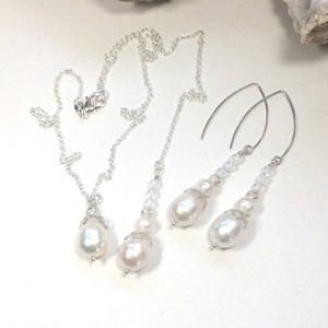 Bridal real pearls SET, Sterling Silver jewellery  set - pendant and back drop pendant with earrings