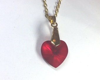 Red Swarovski heart pendant, gold chain