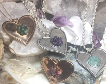 Large heart pendant with precious or semi precious stones, Sterling Silver chain