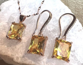 Yellow Beryl, Rose Gold earrings and necklace