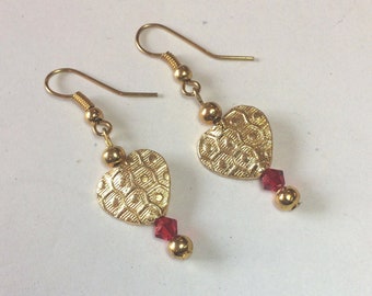 Gold hearts, Swarovski red bicones, earrings