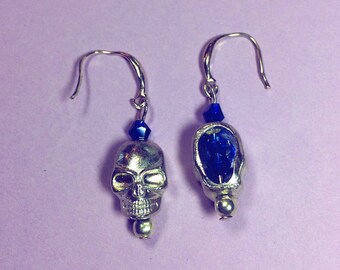 Halloween, Silver skull earrings with Swarovski Crystal and Sterling Silver ear wires