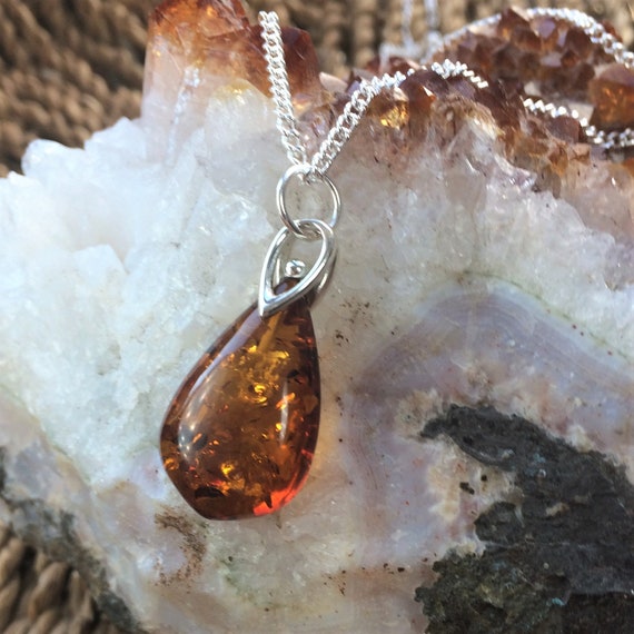 Sterling Silver Amber Teardrop Pendant with 24