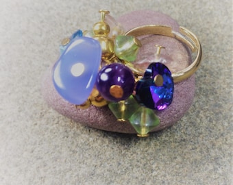 AMETHYST and multistone  gemstone cluster ring (adjustable multi size) with gold plated decoration and gold plated  base