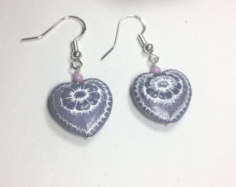 Czech Glass hearts, Sterling Silver ear wires