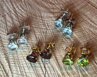 Sterling Silver, 6mm  stud earrings Garnet, Aquamarine, Peridot, Quartz