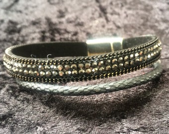 WRAP*faux leather wrap bracelet with diamante trim and magnetic clasp 1 inch x 8 inches - diamante
