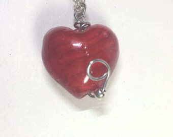 Red glass heart, Sterling Silver chain