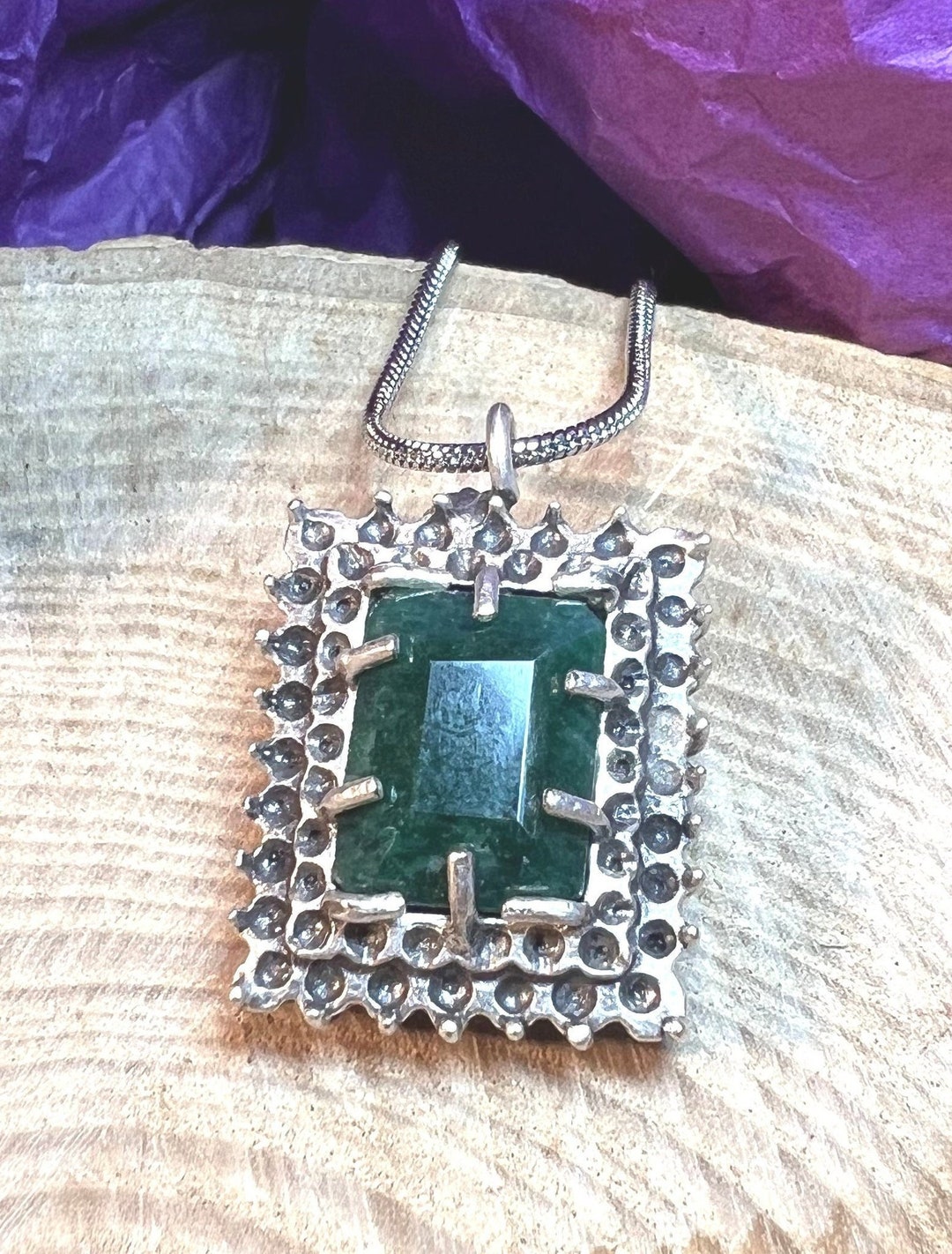 Pendentif Ancien En Argent Massif Avec émeraude Synthétique Et Zirconiums | Bijou Vintage, Forme Losange