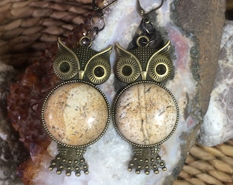 Picture Jasper antique bronze  owl earrings