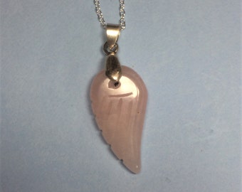 Rose quartz angel wing on a Sterling silver chain