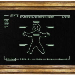 Peut inclure: Une image pixelisée en noir et blanc de l'écran des statistiques d'un personnage de jeu vidéo. L'écran affiche le niveau du personnage, sa santé, ses points d'action et ses points d'expérience. Le personnage est un bonhomme bâton avec une grosse tête et un petit corps. L'écran affiche également les attributs spéciaux du personnage, ses compétences, ses avantages et ses informations générales.