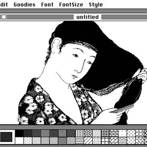 Puede incluir: Ilustración digital en blanco y negro de una mujer con un kimono estampado y un sombrero negro. La imagen se muestra en una ventana de computadora con una barra de herramientas y una paleta de patrones.