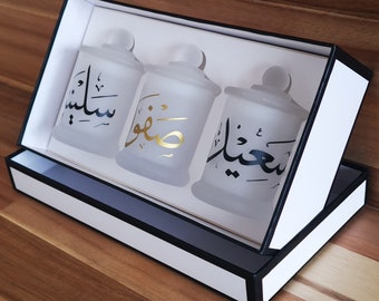 Ensemble cadeau bougeoirs en verre sur mesure avec calligraphie arabe