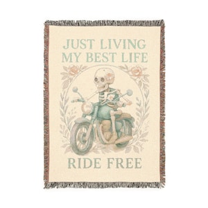 Cozy Woven Blanket: Just Living My Best Life, Ride Free, Motorcycle Decor, Gift for Bikers, Home Warmth, Adventure Theme