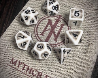 Ancient Bone White Dice Matte Aged Muted | DnD Dungeons and Dragons | Ancient Games Dice (7) | Polyhedral Dice