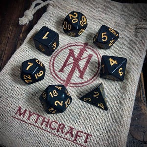 Satin Black Gold Inking Dice | Muted | DnD Dungeons and Dragons | Ancient Games Dice (7) | Plastic Polyhedral Resin Dice
