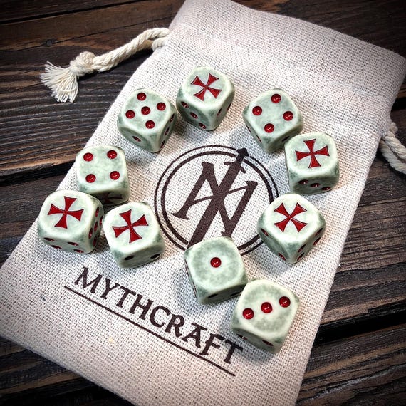 Knights Templar Battle-Worn D6 Dice | Red & White  | Aged Muted | Wargaming | Dungeons and Dragons | 16mm