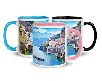 Amalfi Coast, Italy Mug, Dishwasher Safe, Microwave Safe, with Coloured Handle and Colour Inside. FREE UK SHIPPING