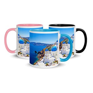 Santorini, Greece Mug with Colour Inside, FREE UK SHIPPING, Dishwasher Safe, Microwave Safe