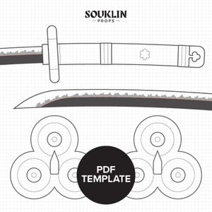 Könnte beinhalten: Strichzeichnung eines Katana-Schwertes und Zielübungs-Vorlagen. Das Schwert ist detailliert mit Griff, Parierstange und Klinge. Die Zielvorlagen sind kreisförmig mit einem zentralen Ziel und einer Kugelform. Der Text "PDF TEMPLATE" steht in einem schwarzen Kreis.