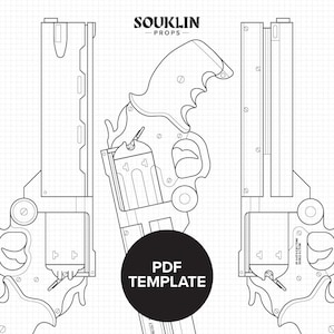 May include: Line drawing of a revolver with the text "PDF TEMPLATE" in a black circle. The image also includes the text "SOUKLIN - PROPS" in the upper center. The background is a grid pattern.