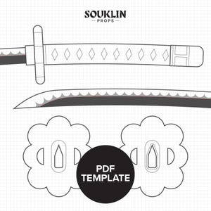 Può includere: Disegno a tratto di una katana, con un'impugnatura dettagliata e una lama curva. Sono raffigurati due disegni di tsuba a forma di fiore. Il testo "PDF TEMPLATE" è in un cerchio nero. Il logo "SOULKIN - PROPS" è in alto.
