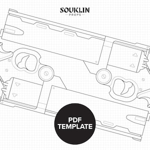 May include: Black and white line drawing of two futuristic-style prop guns. The image includes the text "PDF TEMPLATE" in a black circle and the text "SOUKLIN - PROPS" at the top. The background is a grid.