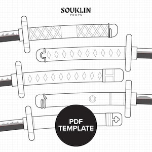 May include: Line art illustration of several katana sword designs. The image includes the text "PDF TEMPLATE" in a black circle, and the logo "SOUKLIN - PROPS". The swords are in various styles, with detailed handles and blades.