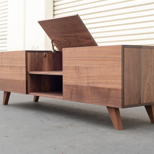 Flip Top Record Console | Solid Walnut Mid-Century Vinyl Player Media Cabinet Stand