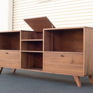 Gesner Flip Top Record Console With Drawers | Solid Walnut Mid-Century Vinyl Player Media Cabinet Stand