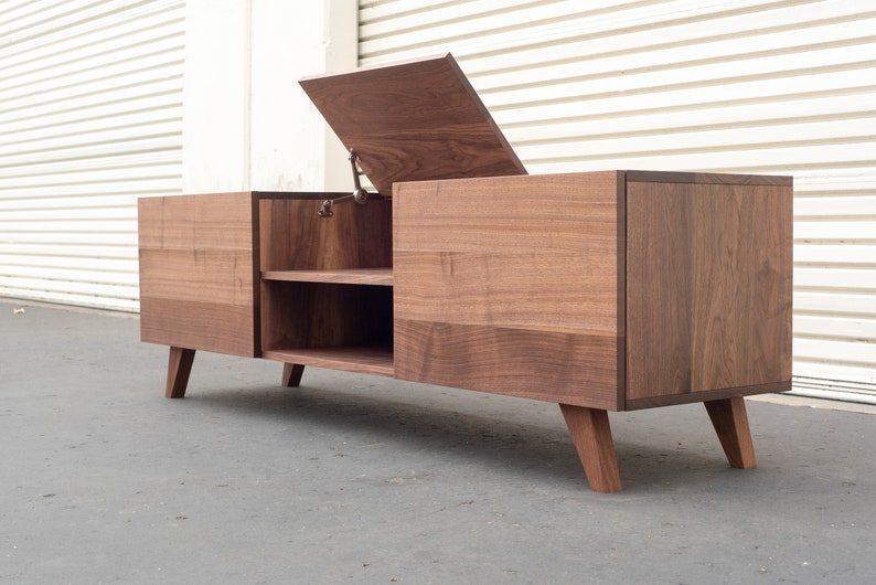 Flip Top Record Console Solid Walnut Mid-Century Vinyl Player Media Cabinet Stand image 1