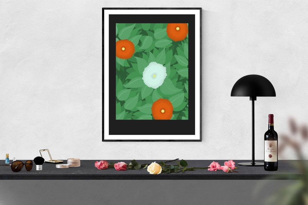 Orange and Blue // Framed Flowers Greenery Leaves Floral Etsy