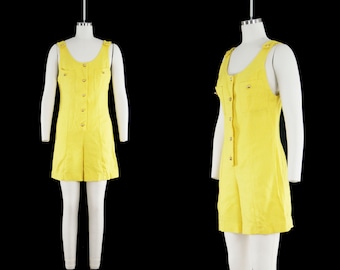 Vintage 1960s Yellow Romper - Linen Cotton - Play Suit - Jumpsuit - One Piece - Button Front - Gold Buttons - Womens Small Medium
