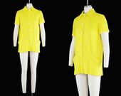 Vintage 1960s Catalina Terry Cloth Cover Up - Sunny Yellow - Short Sleeve - Button Up - Mod Shift Dress - Swimwear - Pockets - Medium