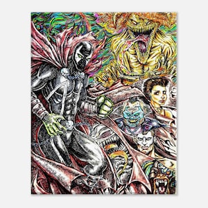 Puede incluir: Una vibrante ilustración de cómic con Spawn, un superhéroe con traje negro y capa roja, con otros personajes y un fondo colorido. La obra de arte está firmada "YAUMANCH 2015".