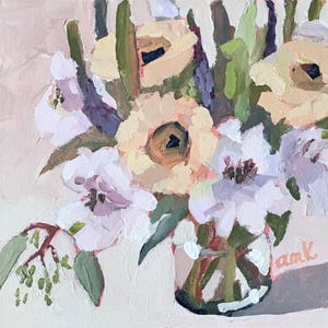 Original Floral Painting, Modern Boho Art, Pink Orange Yellow Botanical, 7.5x7.5 Hardwood Floater Frame