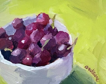 Impressionistic Cherries Bowl Painting, Lime Green Background, Framed Kitchen Art (7.25x7.25 inches framed)