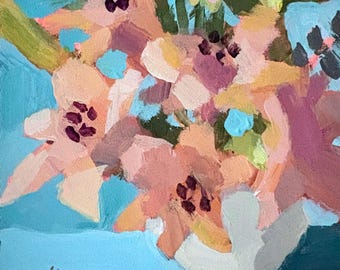 Original orange Lilien Acrylmalerei, gerahmte florale Wandkunst 150x150, fertig zum Aufhängen